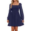 imageHolipick Womens Casual Square Neck Smocked Dress Shirred Ruffle Puff Sleeve High Waist Cute Flowy ALine Short DressNavy