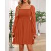 imageHolipick Womens Casual Square Neck Smocked Dress Shirred Ruffle Puff Sleeve High Waist Cute Flowy ALine Short DressOrange