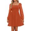 imageHolipick Womens Casual Square Neck Smocked Dress Shirred Ruffle Puff Sleeve High Waist Cute Flowy ALine Short DressOrange