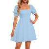 imageHolipick Womens Casual Square Neck Smocked Dress Shirred Ruffle Puff Sleeve High Waist Cute Flowy ALine Short DressLight Blue