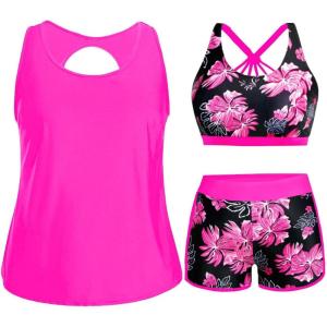 imageHolipick Women Plus Size 3 Piece Tankini SwimsuitsPink Floral