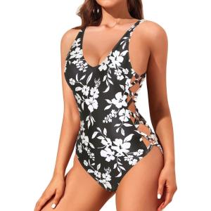 imageHolipick Women Sexy One Piece Swimsuits Strappy Bathing Suits Criss Cross Monokini Lace Up SwimwearWhite Floral2
