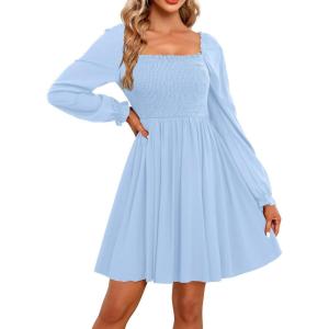 imageHolipick Womens Casual Square Neck Smocked Dress Shirred Ruffle Puff Sleeve High Waist Cute Flowy ALine Short DressBlue