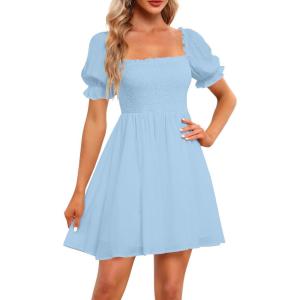imageHolipick Womens Casual Square Neck Smocked Dress Shirred Ruffle Puff Sleeve High Waist Cute Flowy ALine Short DressLight Blue