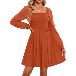 imageHolipick Womens Casual Square Neck Smocked Dress Shirred Ruffle Puff Sleeve High Waist Cute Flowy ALine Short DressOrange