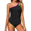 imageHolipick One Shoulder One Piece Swimsuit for Women Tummy Control Bathing Suits Modest Full Coverage Keyhole SwimwearColorful Black