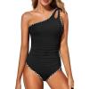 imageHolipick One Shoulder One Piece Swimsuit for Women Tummy Control Bathing Suits Modest Full Coverage Keyhole SwimwearRopesblack and White