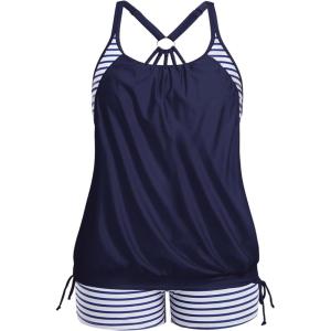 imageHolipick Plus Size Tankini Swimsuits for Women Two Piece Tummy Control Bathing Suit Blouson Tankini Top with ShortsNavy Striped