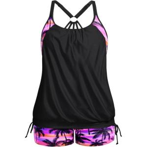imageHolipick Plus Size Tankini Swimsuits for Women Two Piece Tummy Control Bathing Suit Blouson Tankini Top with ShortsPink Palm
