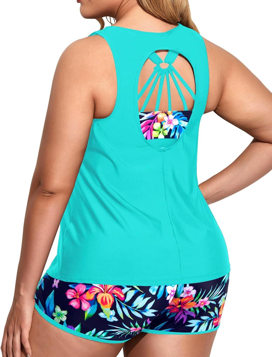 imageHolipick Women Plus Size 3 Piece Tankini Swimsuits Athletic Bathing Suits with ShortsAqua Colorful Floral