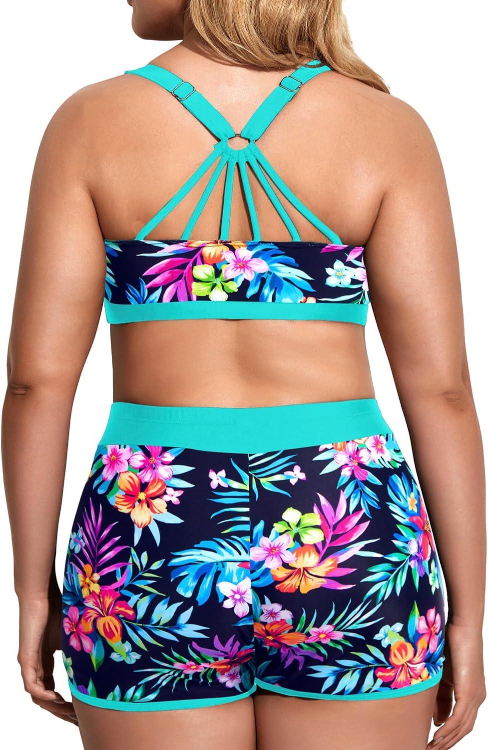 imageHolipick Women Plus Size 3 Piece Tankini Swimsuits Athletic Bathing Suits with ShortsAqua Colorful Floral