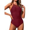 imageHolipick Women High Neck One Piece Swimsuit Tummy Control Modest Bathing Suit Mesh SwimwearWine Red