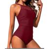 imageHolipick Women High Neck One Piece Swimsuit Tummy Control Modest Bathing Suit Mesh SwimwearWine Red