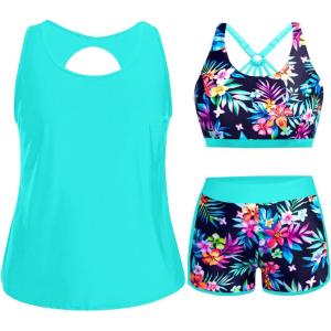 imageHolipick Women Plus Size 3 Piece Tankini Swimsuits Athletic Bathing Suits with ShortsAqua Colorful Floral