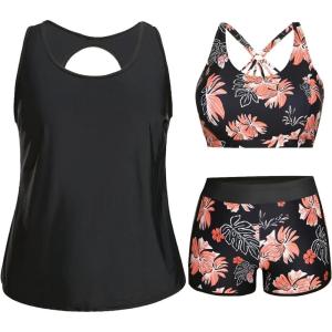 imageHolipick Women Plus Size 3 Piece Tankini Swimsuits Athletic Bathing Suits with ShortsBlack Floral