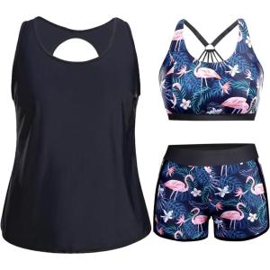 imageHolipick Women Plus Size 3 Piece Tankini Swimsuits Athletic Bathing Suits with ShortsFlamingo