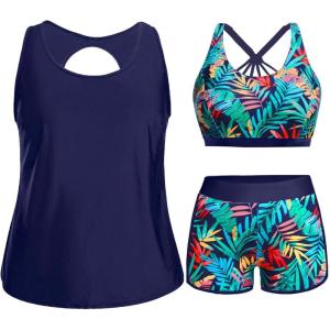 imageHolipick Women Plus Size 3 Piece Tankini Swimsuits Athletic Bathing Suits with ShortsNavy Leaves