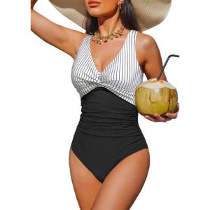 imageHolipick Women Tummy Control One Piece Swimsuit  Push Up Bathing Suit Full Coverage Slimming SwimwearBlack Striped