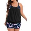 imageHolipick Blouson Tankini Swimsuits for Women  Two Piece Tummy Control Bathing Suit with Shorts Modest SwimwearBlack With Flamingo