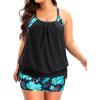 imageHolipick Blouson Tankini Swimsuits for Women  Two Piece Tummy Control Bathing Suit with Shorts Modest SwimwearBlack With Green Floral