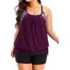 imageHolipick Blouson Tankini Swimsuits for Women  Two Piece Tummy Control Bathing Suit with Shorts Modest SwimwearPurple Floral