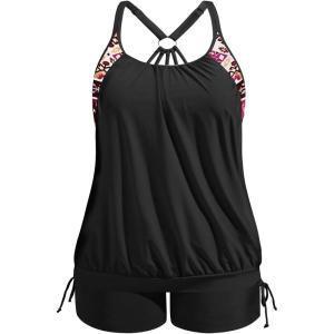 imageHolipick Blouson Tankini Swimsuits for Women  Two Piece Tummy Control Bathing Suit with Shorts Modest SwimwearBlack Tribal