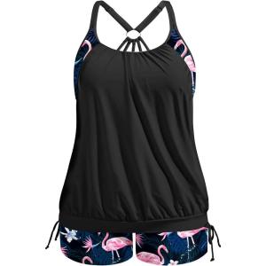 imageHolipick Blouson Tankini Swimsuits for Women  Two Piece Tummy Control Bathing Suit with Shorts Modest SwimwearBlack With Flamingo