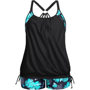 imageHolipick Blouson Tankini Swimsuits for Women  Two Piece Tummy Control Bathing Suit with Shorts Modest SwimwearBlack With Green Floral