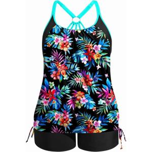 imageHolipick Blouson Tankini Swimsuits for Women  Two Piece Tummy Control Bathing Suit with Shorts Modest SwimwearColorful Floral