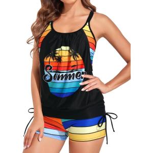imageHolipick Blouson Tankini Swimsuits for Women  Two Piece Tummy Control Bathing Suit with Shorts Modest SwimwearColorful Palm Tree