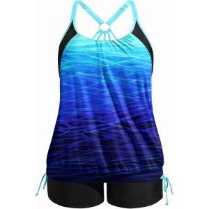imageHolipick Blouson Tankini Swimsuits for Women  Two Piece Tummy Control Bathing Suit with Shorts Modest SwimwearDark Blue Gradient