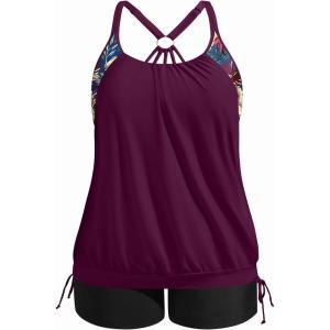 imageHolipick Blouson Tankini Swimsuits for Women  Two Piece Tummy Control Bathing Suit with Shorts Modest SwimwearPurple Floral