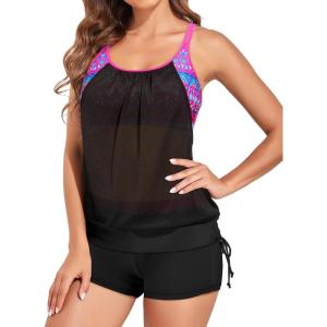 imageHolipick Blouson Tankini Swimsuits for Women  Two Piece Tummy Control Bathing Suit with Shorts Modest SwimwearPurple Geometric