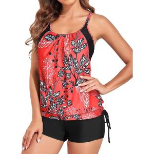 imageHolipick Blouson Tankini Swimsuits for Women  Two Piece Tummy Control Bathing Suit with Shorts Modest SwimwearRed Floral