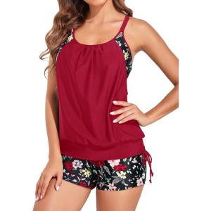 imageHolipick Blouson Tankini Swimsuits for Women  Two Piece Tummy Control Bathing Suit with Shorts Modest SwimwearRed Flower