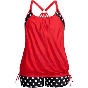 imageHolipick Blouson Tankini Swimsuits for Women  Two Piece Tummy Control Bathing Suit with Shorts Modest SwimwearRed Polka Dot