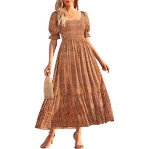 imageHolipick Womens Casual Dress Square Neck Smocked Shirred Puff Sleeve Cute Long Flowy Maxi A Line Boho DressesBrown Floral