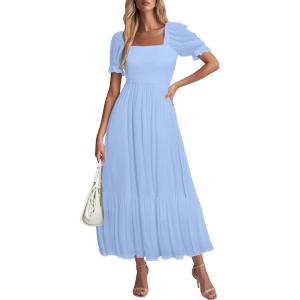 imageHolipick Womens Casual Dress Square Neck Smocked Shirred Puff Sleeve Cute Long Flowy Maxi A Line Boho DressesLight Blue
