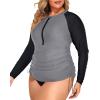 imageHolipick Women Two Piece Plus Size Zipper Long Sleeve Rash Guard UPF 50 Swim Shirt with Bottom Bulid in Bra Swimsuit