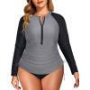 imageHolipick Women Two Piece Plus Size Zipper Long Sleeve Rash Guard UPF 50 Swim Shirt with Bottom Bulid in Bra Swimsuit