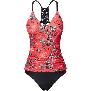imageHolipick Tummy Control Two Piece Tankini Set Swimsuits for Women V Neck Tankini Top Bathing Suits with Swim BottomRed Floral