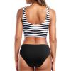 imageHolipick Women Two Piece Sports Swimsuit Crop Top Bathing Suit with Bottom High Waisted Bikini for Teen GirlsBlack Striped