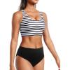 imageHolipick Women Two Piece Sports Swimsuit Crop Top Bathing Suit with Bottom High Waisted Bikini for Teen GirlsBlack Striped