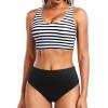 imageHolipick Women Two Piece Sports Swimsuit Crop Top Bathing Suit with Bottom High Waisted Bikini for Teen GirlsBlack Striped