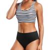 imageHolipick Women Two Piece Sports Swimsuit Crop Top Bathing Suit with Bottom High Waisted Bikini for Teen GirlsBlack Striped