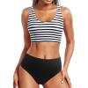 imageHolipick Women Two Piece Sports Swimsuit Crop Top Bathing Suit with Bottom High Waisted Bikini for Teen GirlsBlack Striped