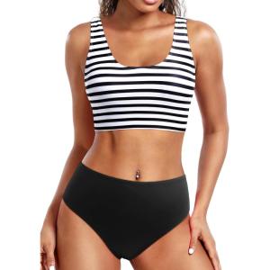 imageHolipick Women Two Piece Sports Swimsuit Crop Top Bathing Suit with Bottom High Waisted Bikini for Teen GirlsBlack Striped