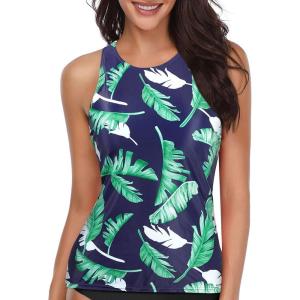 imageHolipick High Neck Tankini Top Bathing Suit Tops for Women Tummy Control Tank Tops SwimsuitsNavy Blue Leaf