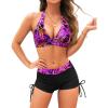 imageHolipick Two Piece Bathing Suit with Shorts for Women Push Up Bikini Swimsuit Set with Boy ShortBlack  Purple Leaves