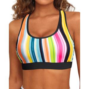 imageHolipick Womens Sports Bra Bikini Tops Racerback Swim Top Scoop Neck Bathing Suits Top Modest Padded Crop Tops Swimsuit OnlyColorful Striped